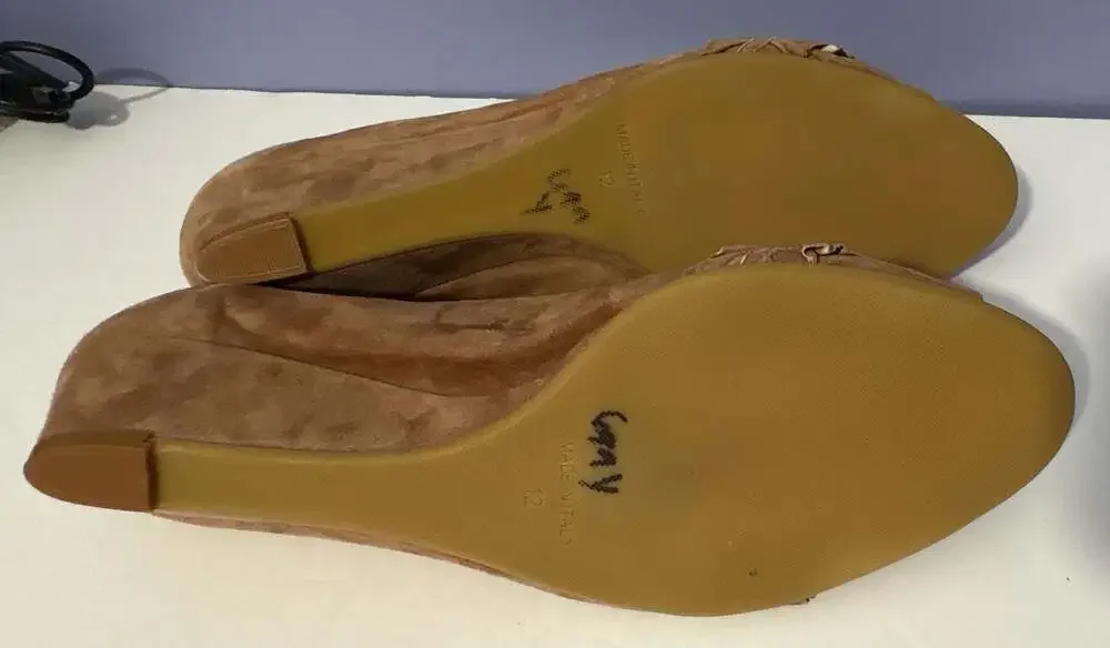 Butter Shoes Suede Ruffle Peep Toe Kitten Wedge Pumps Tan